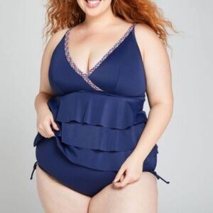 NWT Lane Bryant Cacique Navy Rainbow Trim Ruffle Lined Tankini Top ONLY Size 24